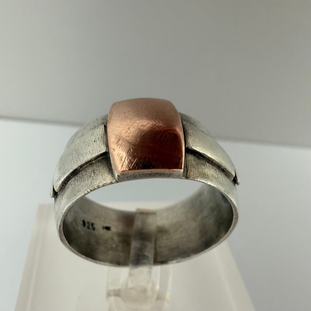 925 Sterling Silver 14K Yellow Gold Wide Band Modern Statement Ring Size 10